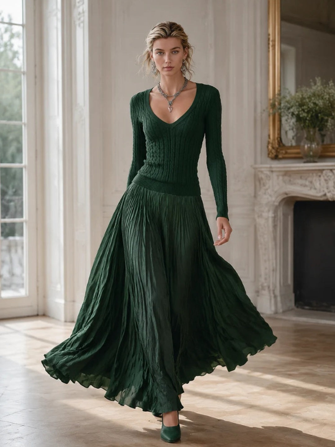 Valentina Ribbed-Bodice Pleated Maxi Dress
