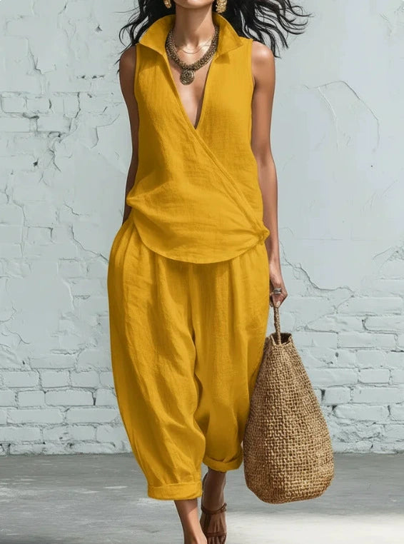 Talia White Sleeveless Resort Pants Set