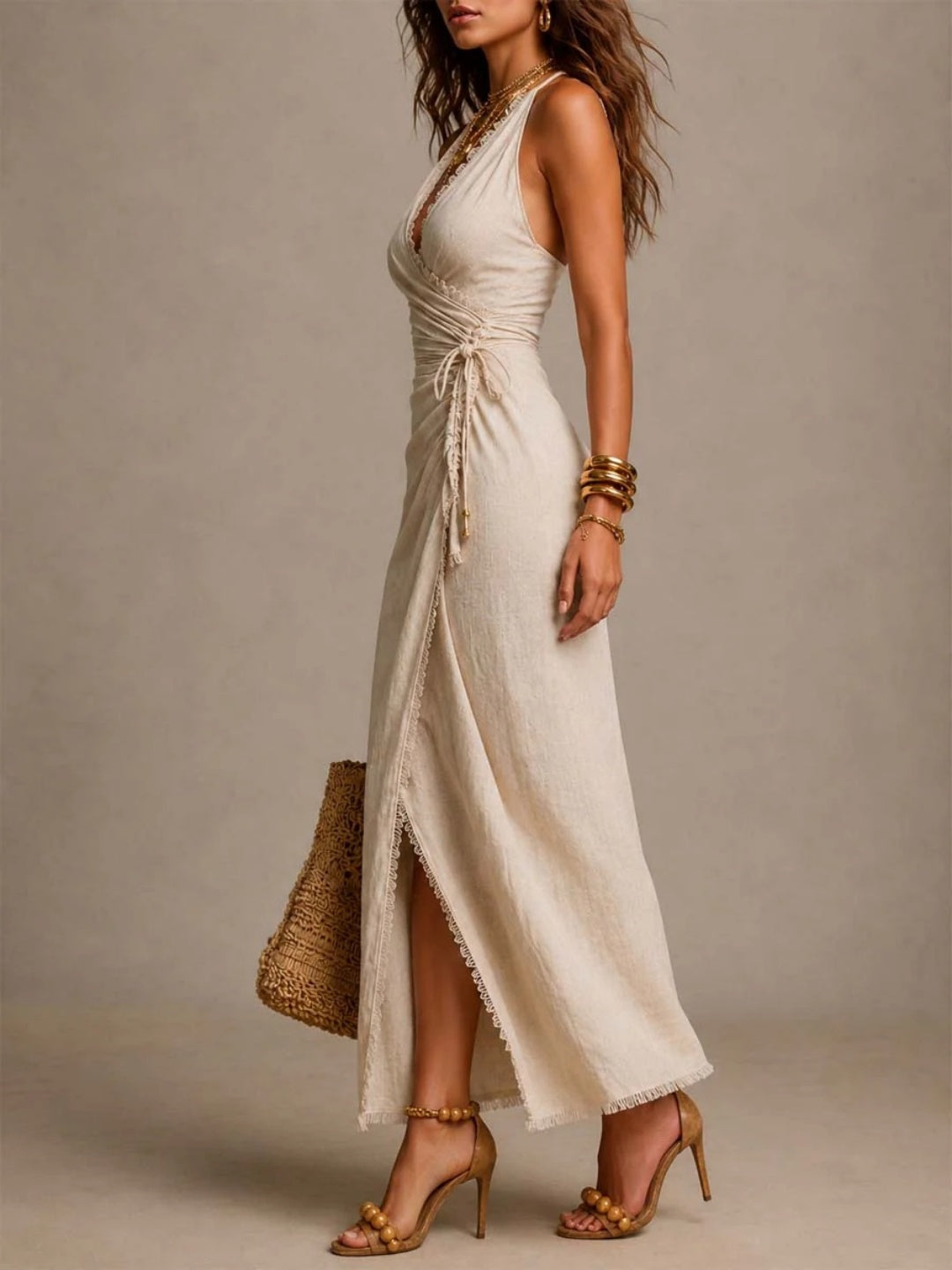 Bianca Pink Ruched Wrap-Slit Maxi Dress