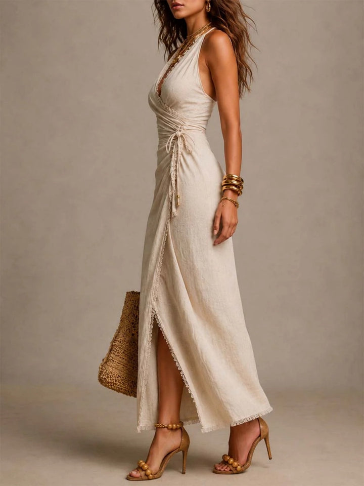 Bianca Pink Ruched Wrap-Slit Maxi Dress