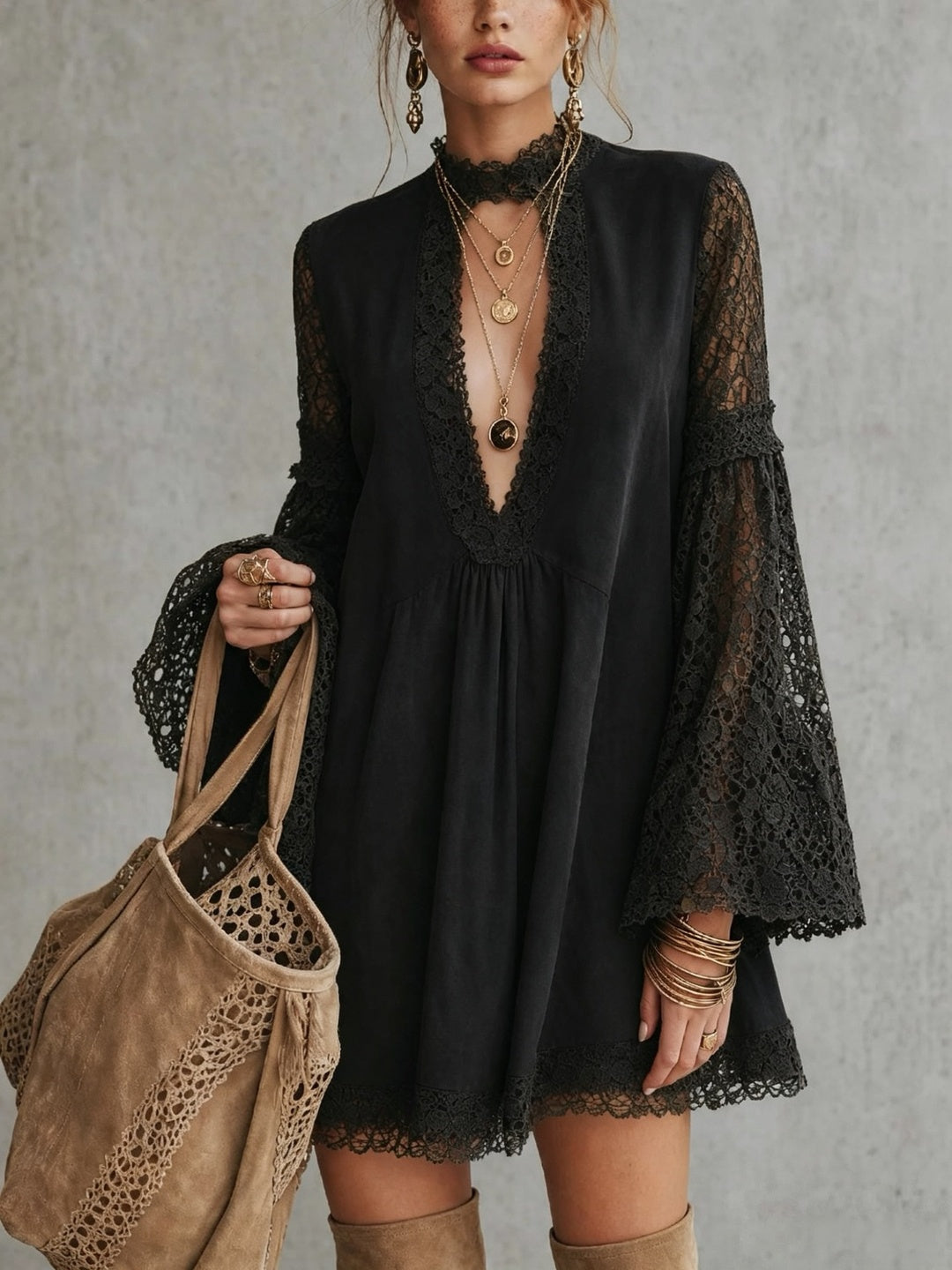 Elisabetta Plunge-Neck Bell-Sleeve Mini Dress