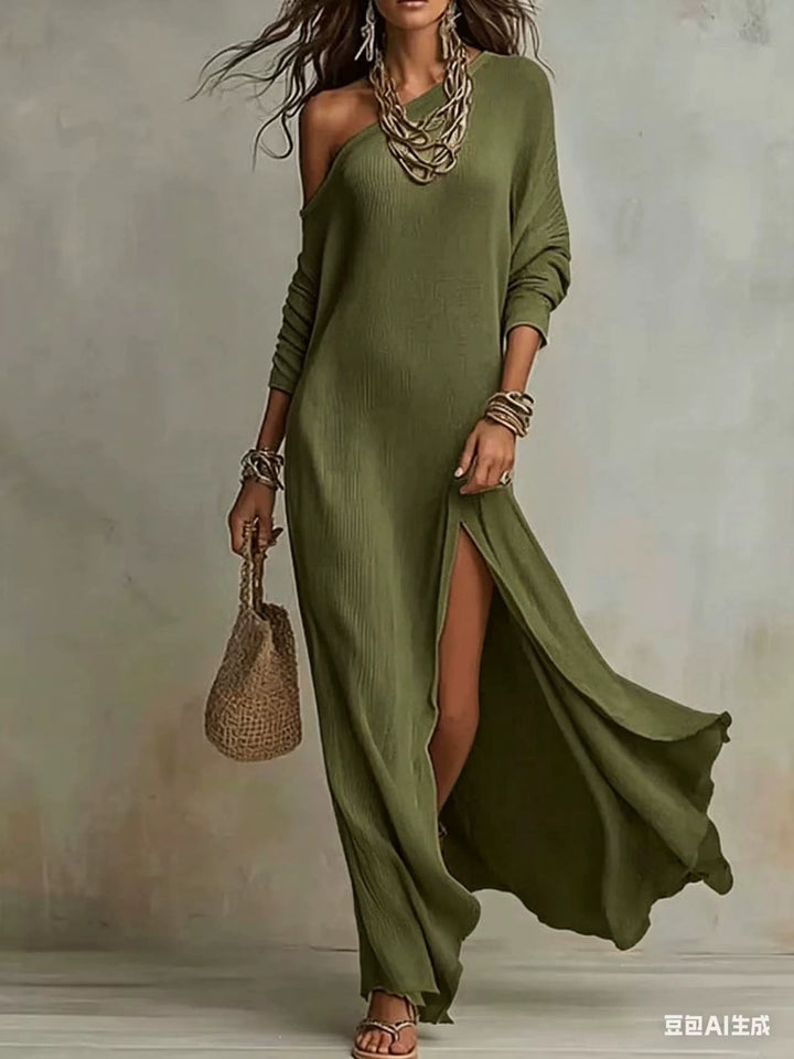 Paloma Ivory One-Shoulder Slit Maxi Dress