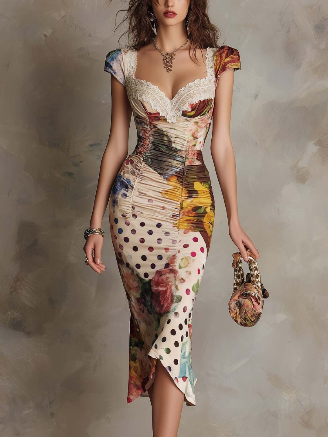 Vittoria Ivory Patchwork Cap-Sleeve Midi Dress