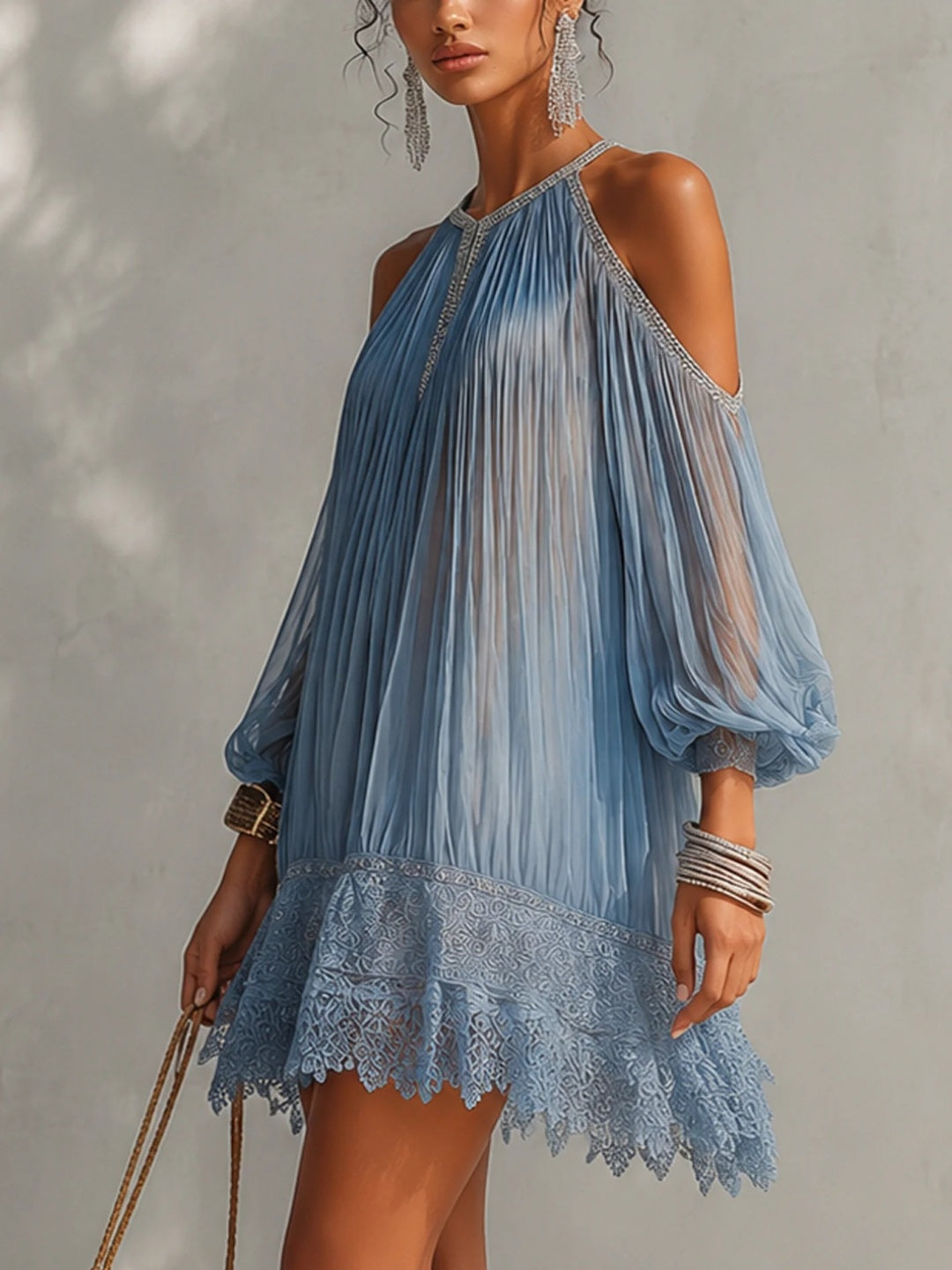 Della Sky Blue Pleated Chiffon Mini Dress