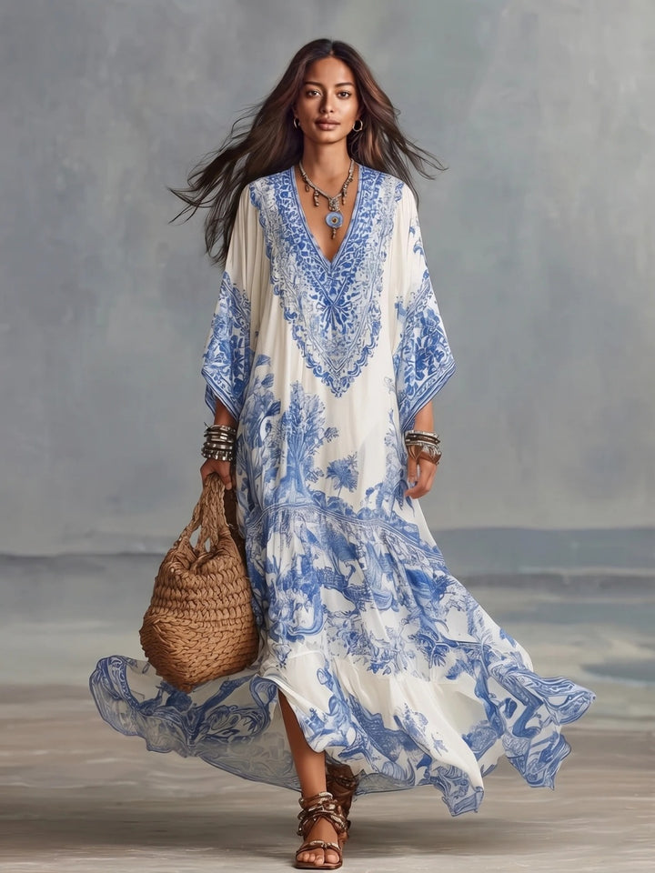 Capri Ivory Blue Embroidered Caftan Maxi Dress