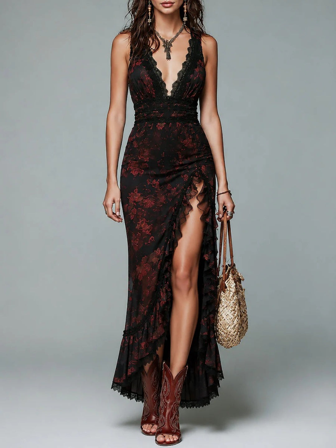Alessia Black Floral Lace Slit Maxi Dress