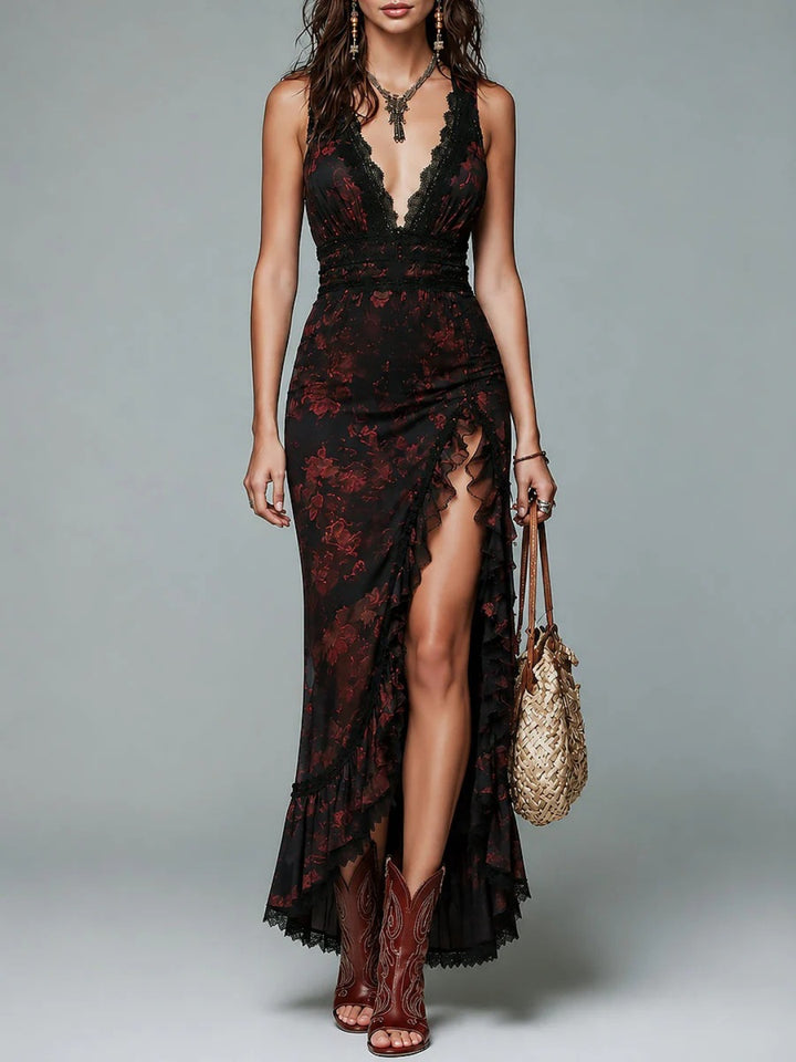 Alessia Black Floral Lace Slit Maxi Dress