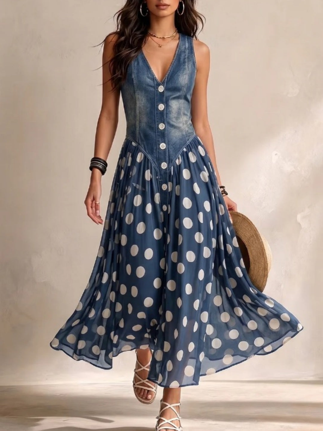 Bianca Navy Polka-Dot Button Maxi Dress