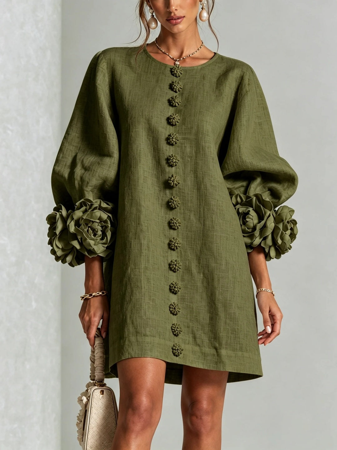 Rosalia Blush Floral-Cuff Button Mini Dress
