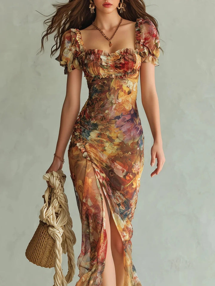 Isola Orange Botanical Puff-Sleeve Maxi Dress