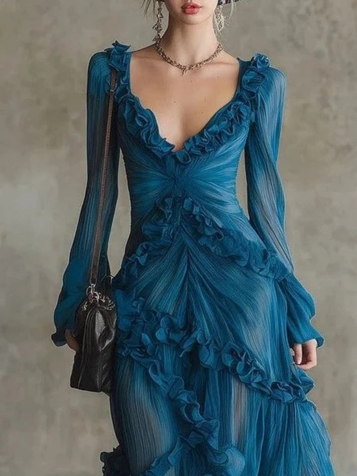 Alessia Teal Lace Ruffle High-Low Maxi Dress