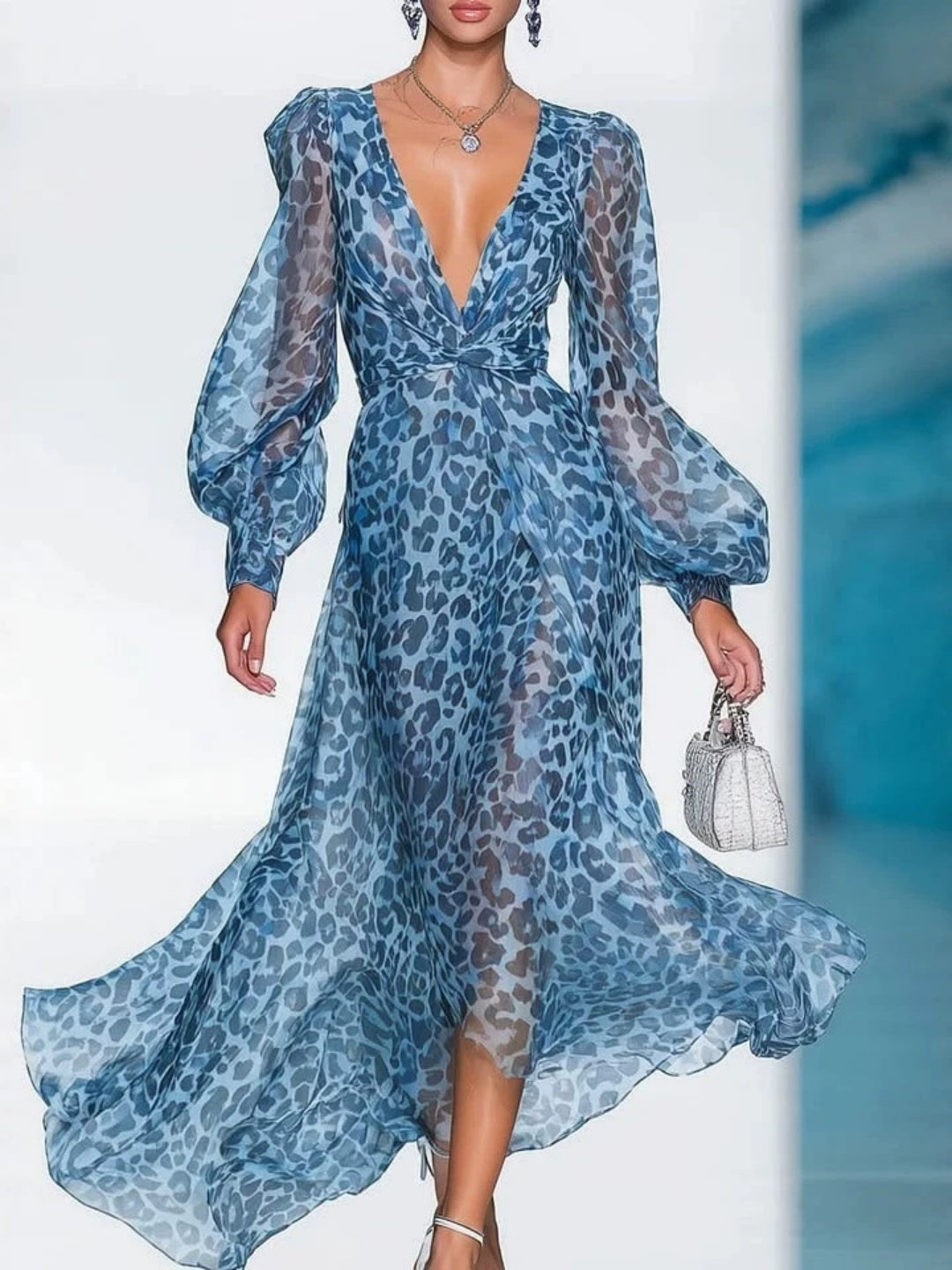 Oceana Blue Leopard Ruffle Maxi Dress