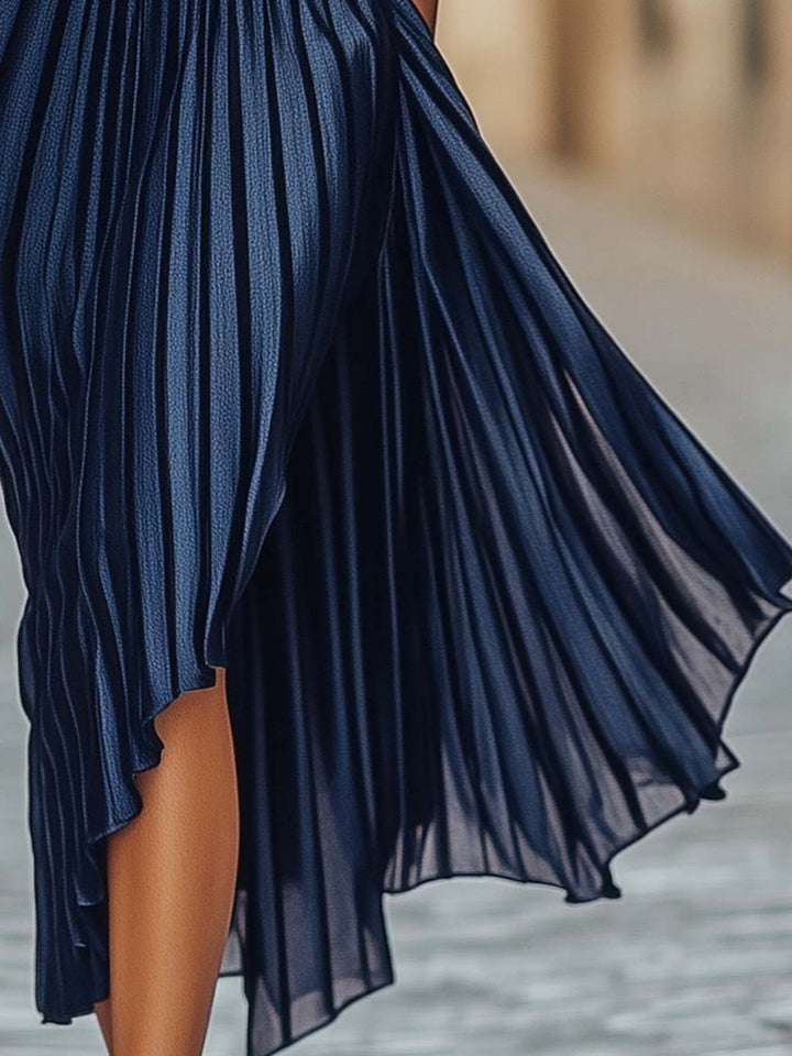Celeste Navy One-Shoulder Pleated High-Low Dress