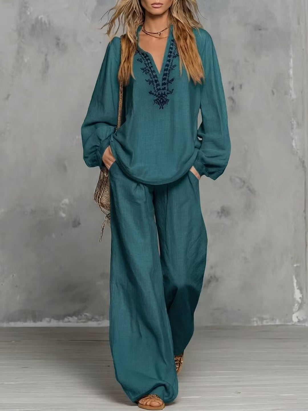 Amara Vintage Print Relaxed Pants Set - Sky Blue