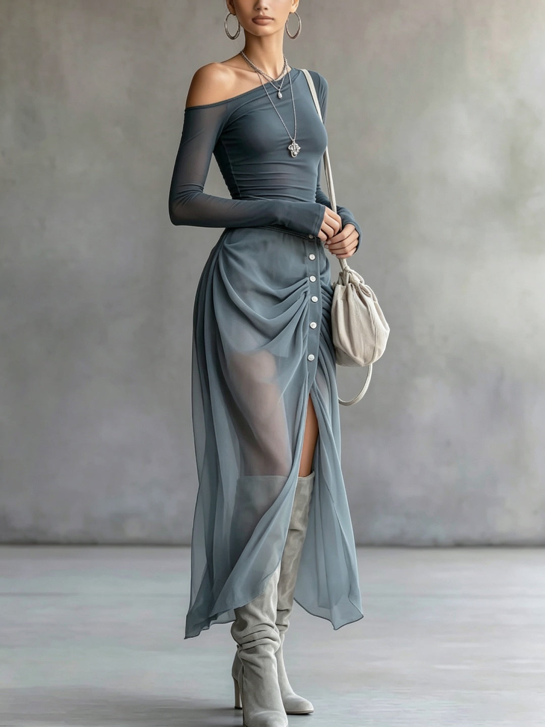 Marina Off-Shoulder Button Maxi Dress