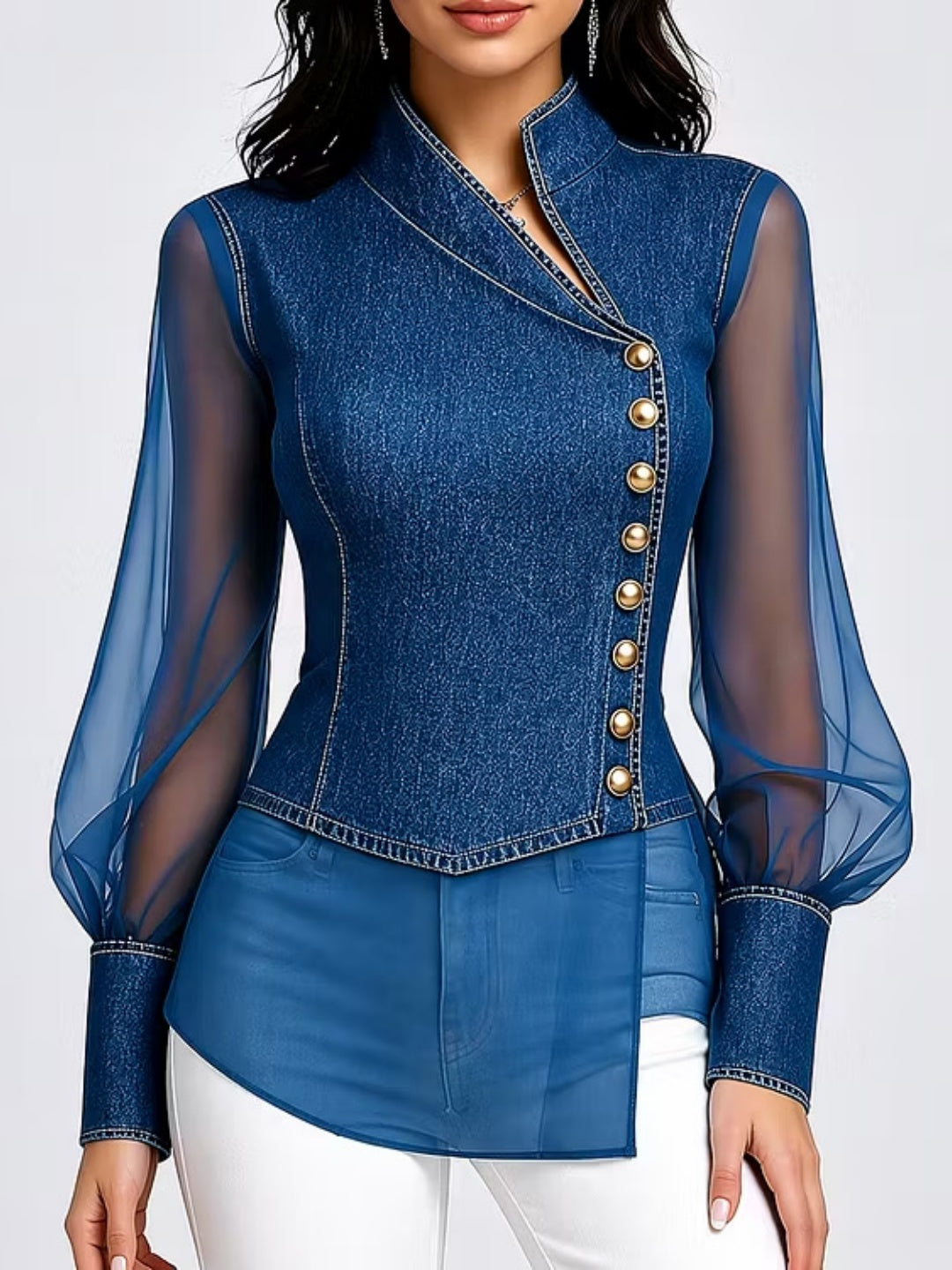 Black Sheer-Sleeve Button Blouse
