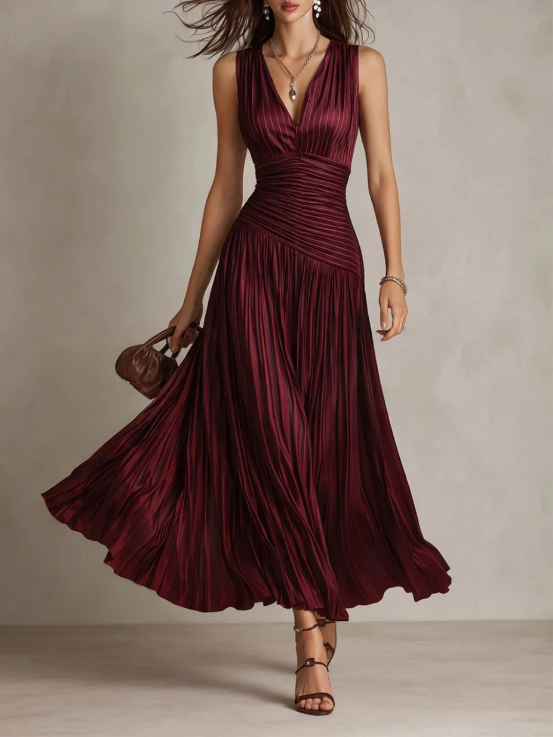 Serena Burgundy Pleated V-Neck Maxi Dress