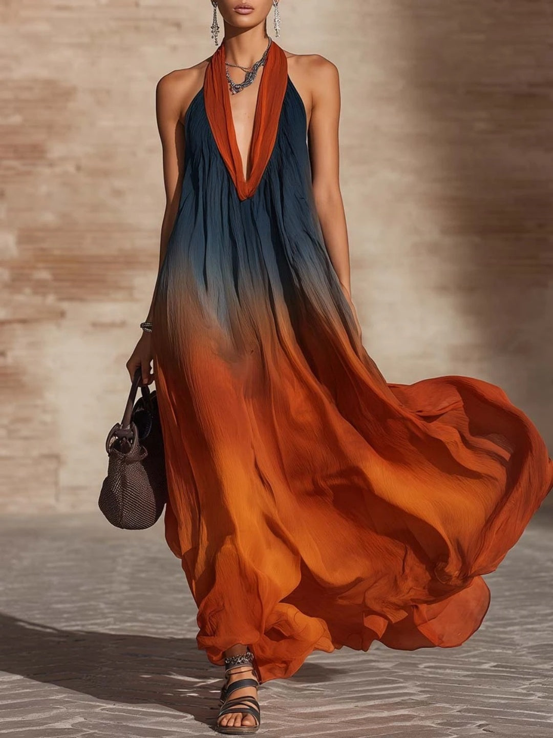 Sienna Navy Orange Ombre Halter Maxi Dress