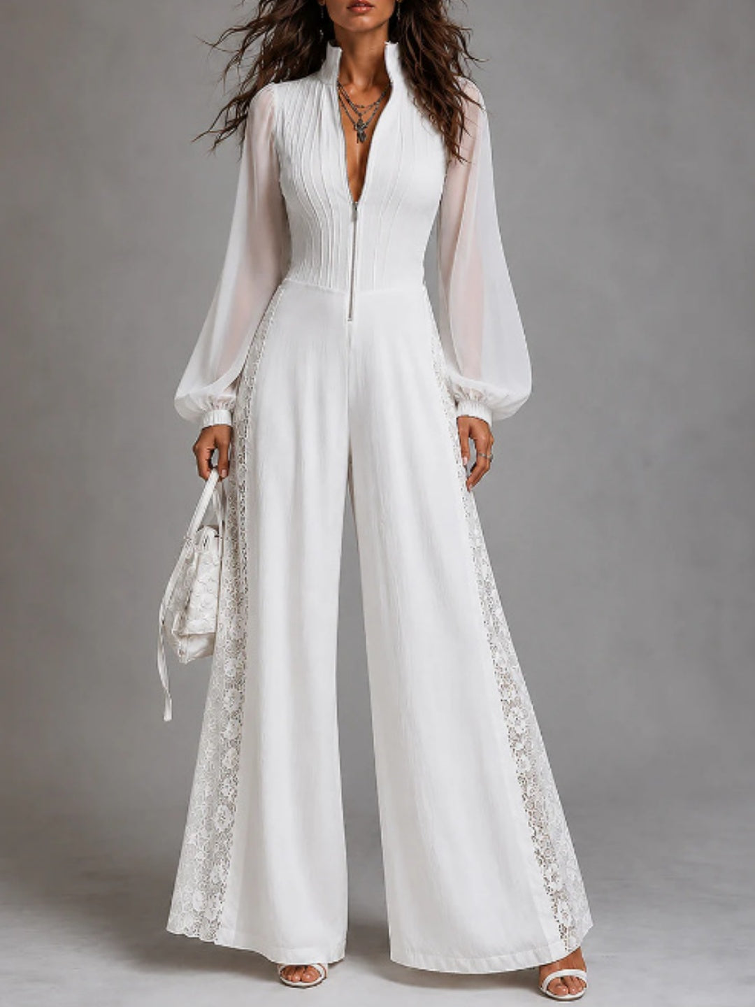 Bianca White Sheer-Sleeve Wide-Leg Jumpsuit