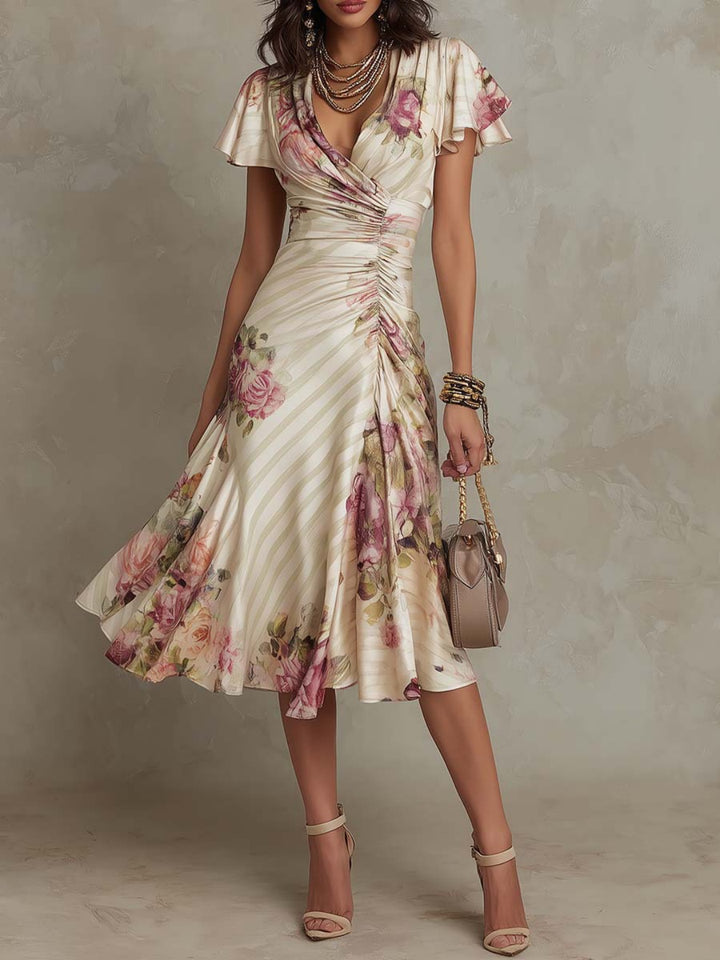Flora Ivory Floral Satin Midi Dress