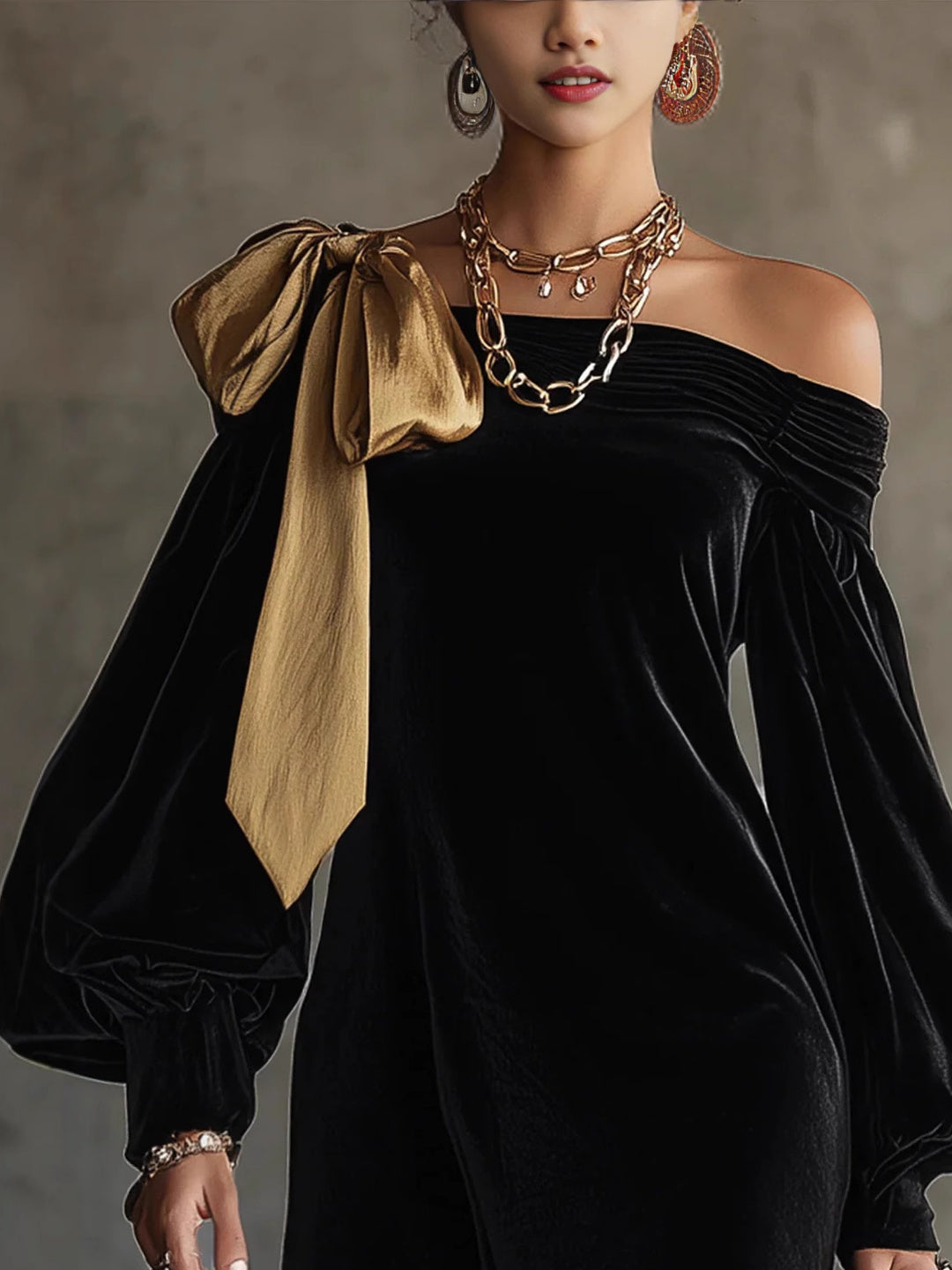 Graziana Bow-Shoulder Velvet Mini Dress