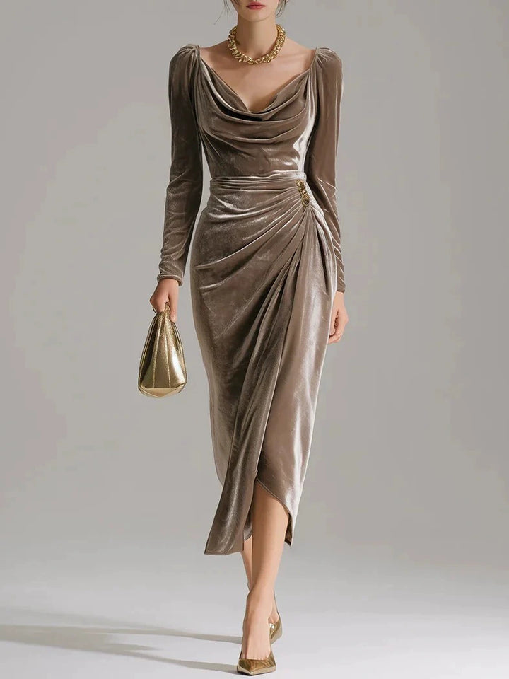 Portia Taupe Cowl Neck Midi Dress