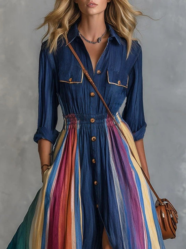Marina Navy Rainbow-Stripe Shirt Maxi Dress