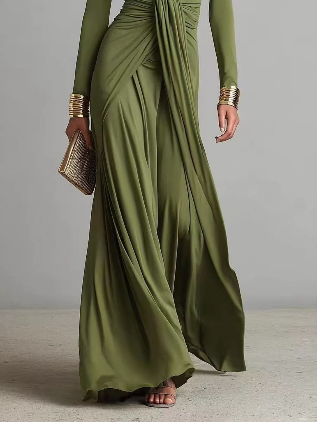 Elena Olive Twist-Front Long-Sleeve Maxi Dress