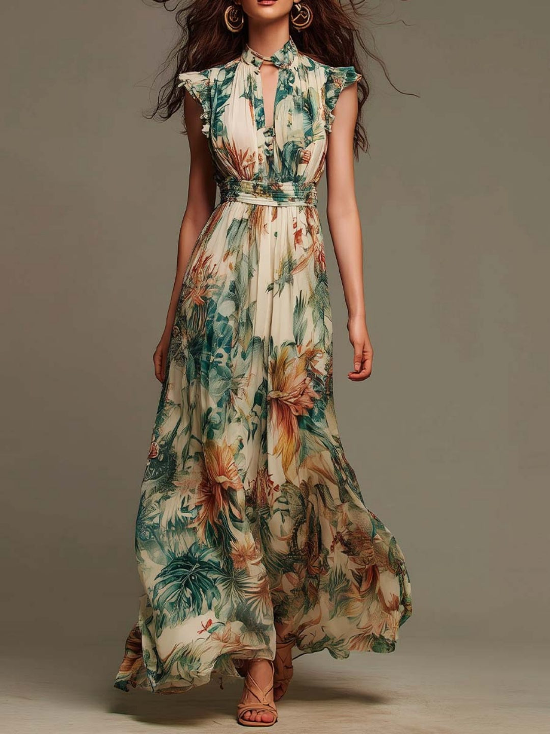 Flora Ivory Green Botanical Cap-Sleeve Maxi Dress