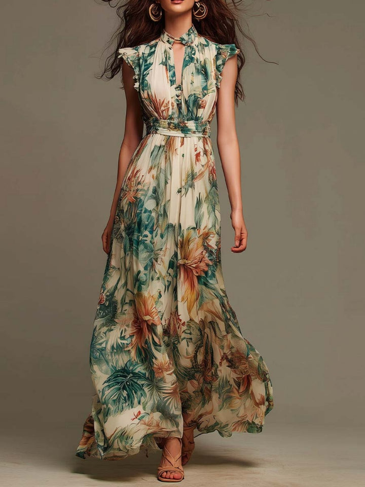 Flora Ivory Green Botanical Cap-Sleeve Maxi Dress