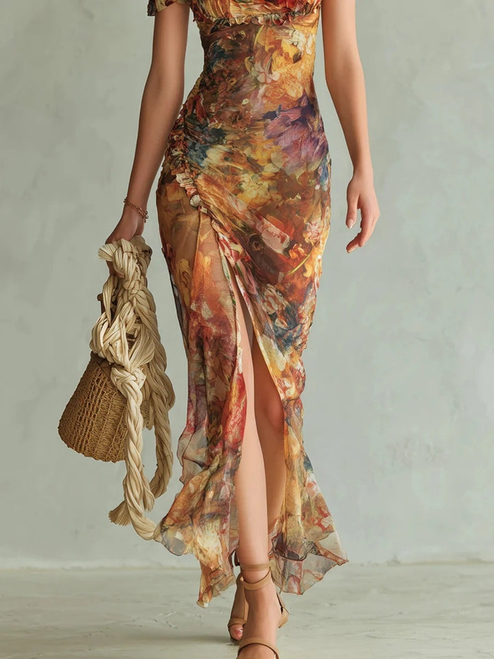 Isola Orange Botanical Puff-Sleeve Maxi Dress