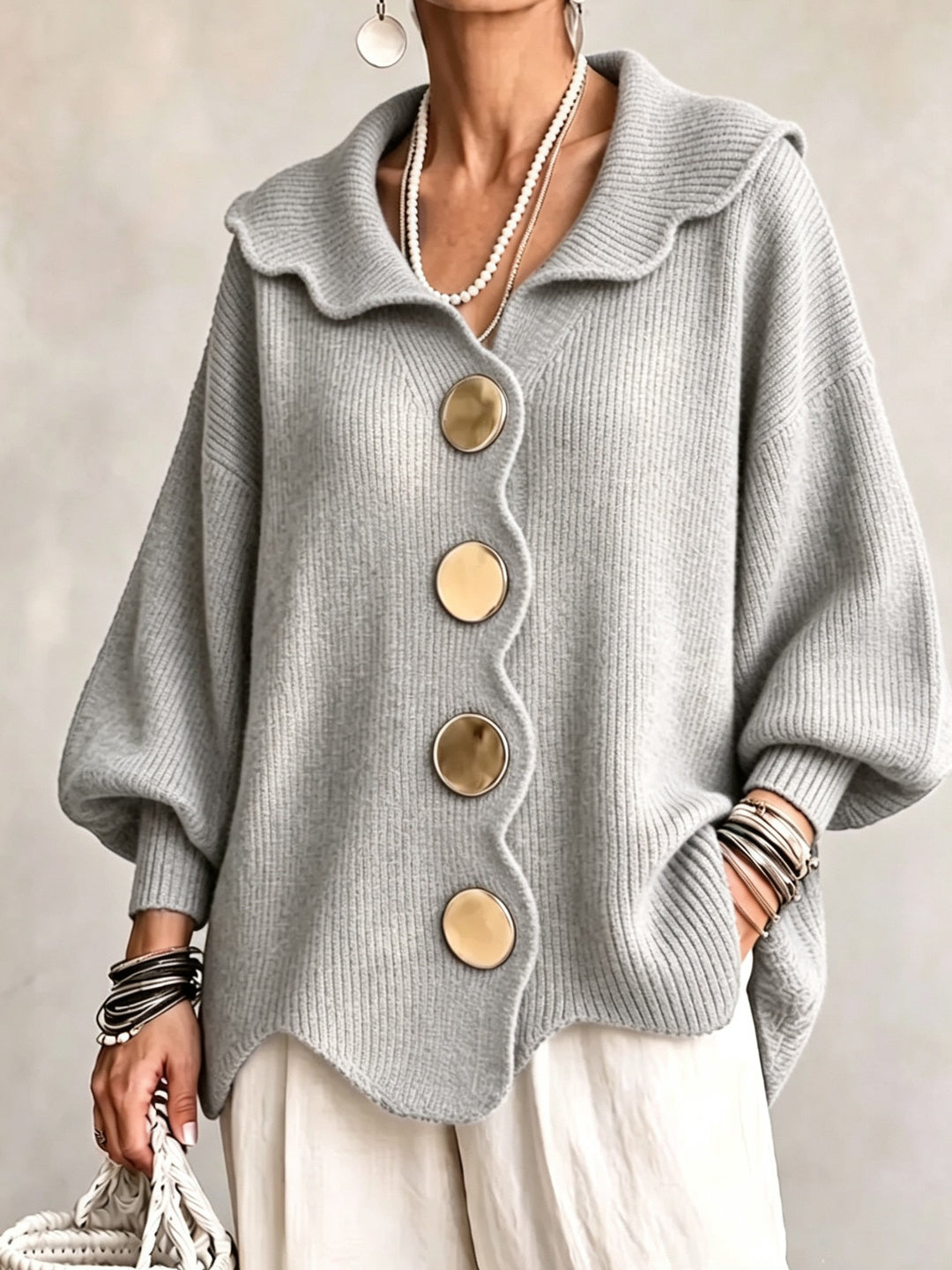 Delfina Scallop-Collar Statement Cardigan
