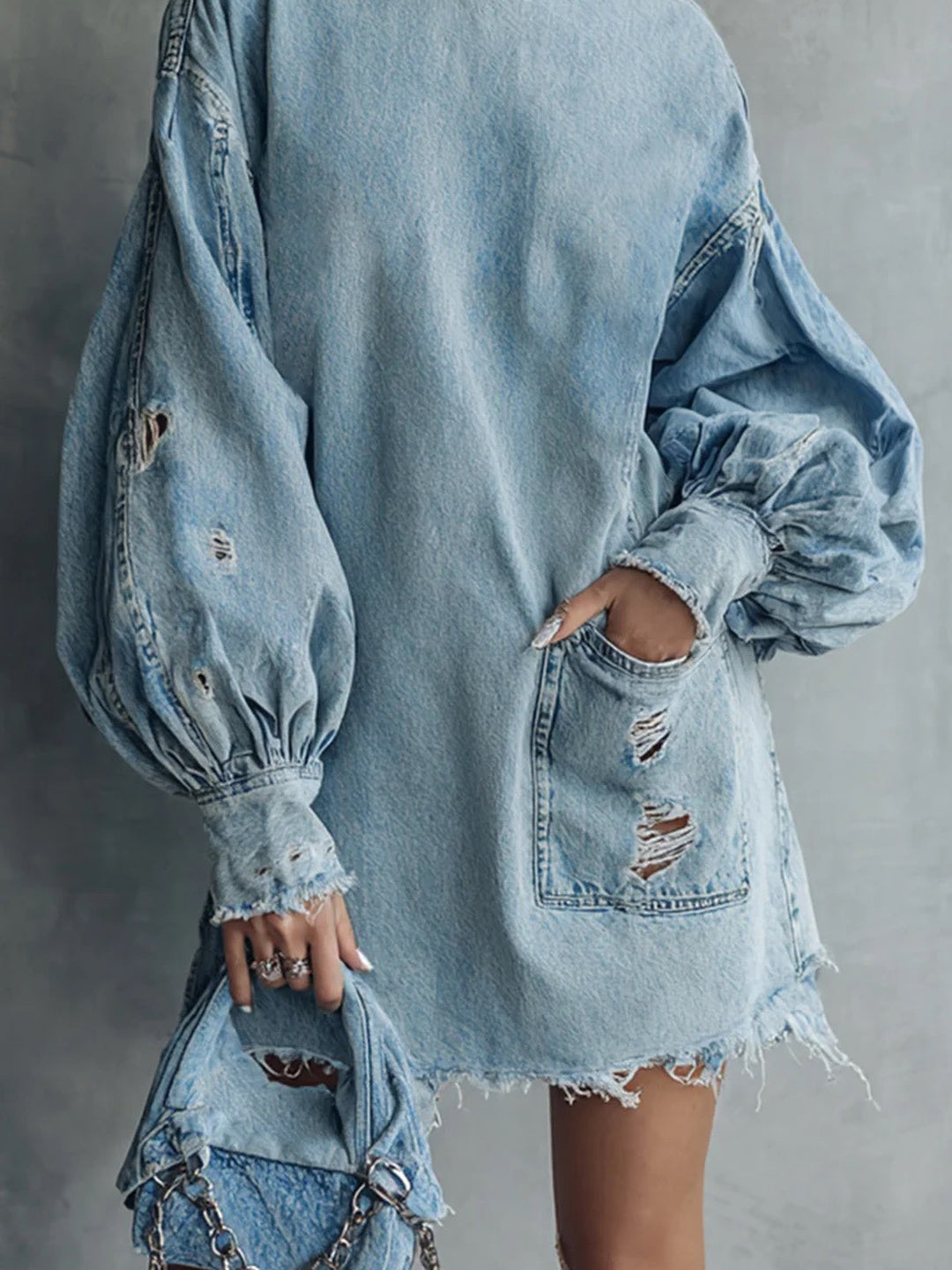 Ciela Distressed-Denim Sweater Mini Dress