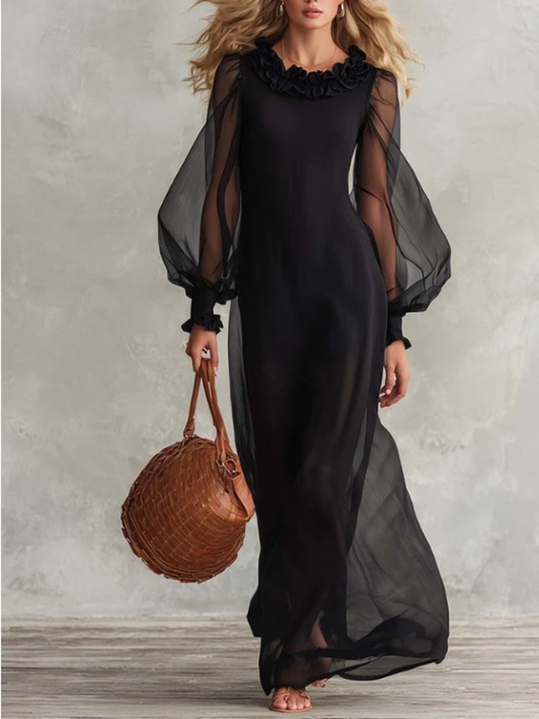 Celeste Sheer-Sleeve Tiered Maxi Dress