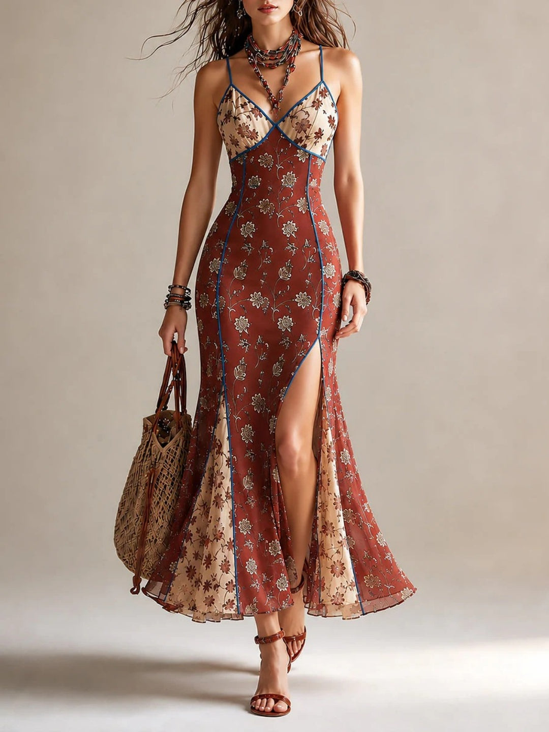 Marina Rust Floral Lace-Trim Slip Maxi Dress