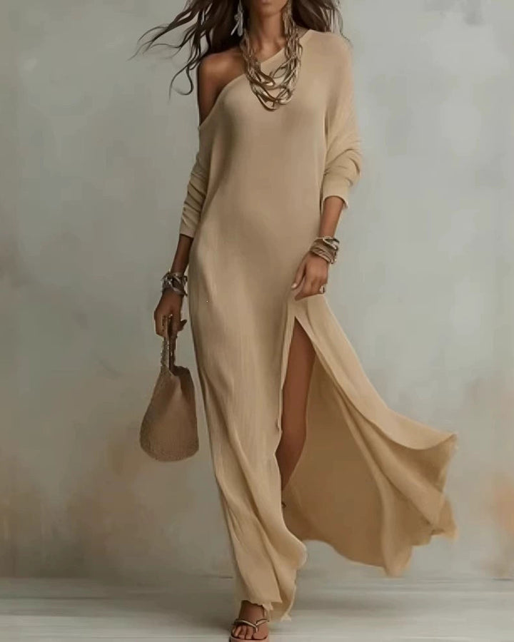Paloma Ivory One-Shoulder Slit Maxi Dress