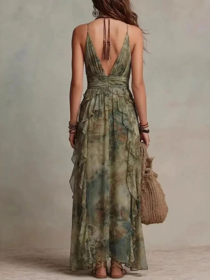 Elena Olive Botanical Halter Maxi Dress