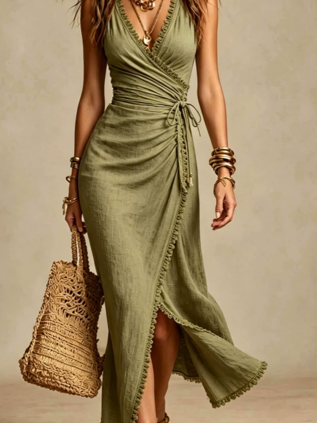 Bianca Pink Ruched Wrap-Slit Maxi Dress