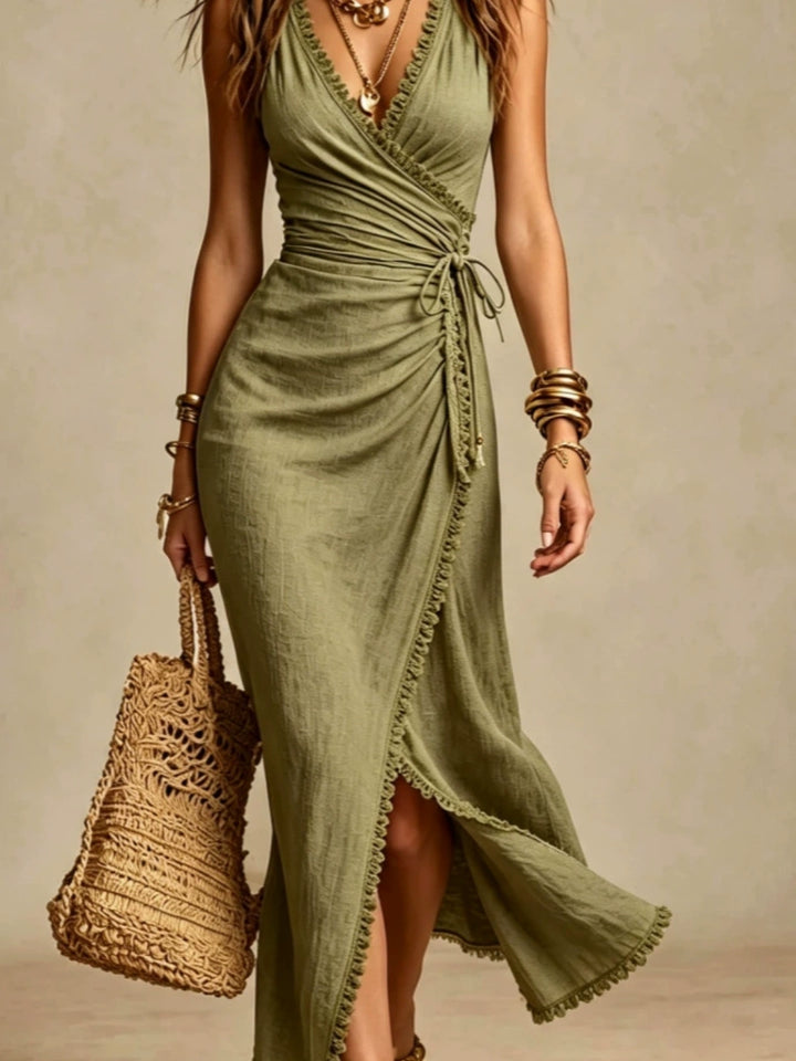 Bianca Pink Ruched Wrap-Slit Maxi Dress