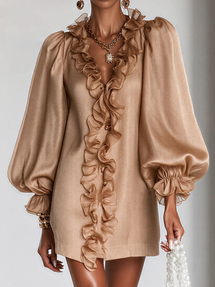 Elena Champagne Ruffle-Front Mini Dress