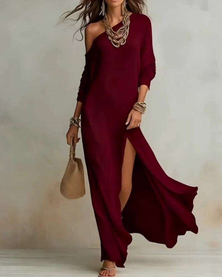 Paloma Ivory One-Shoulder Slit Maxi Dress