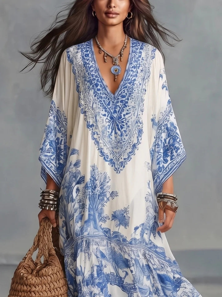 Capri Ivory Blue Embroidered Caftan Maxi Dress