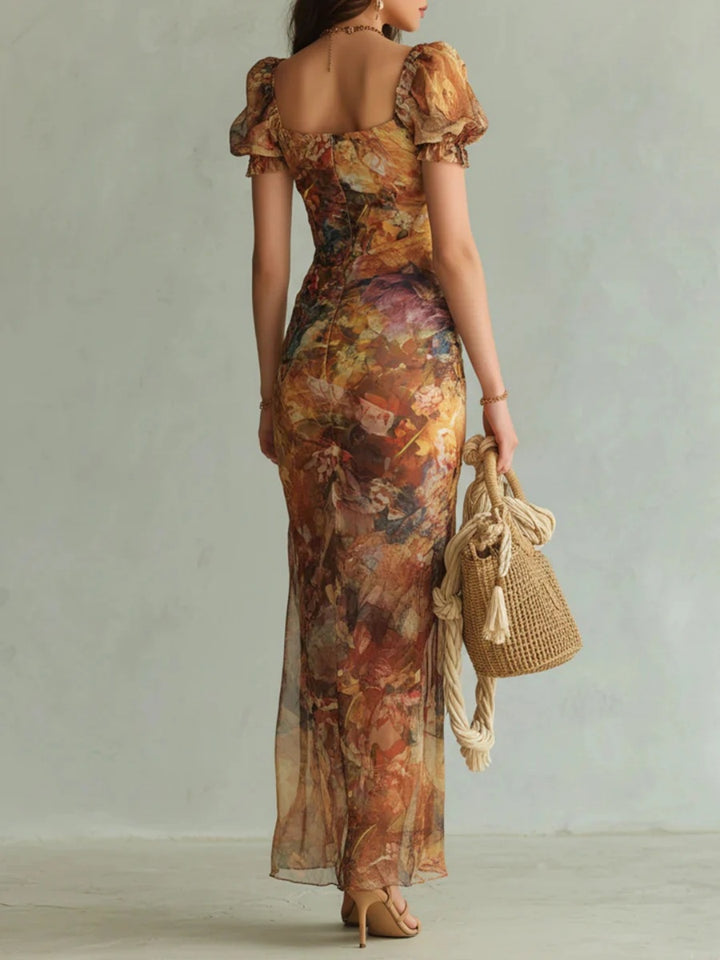 Isola Orange Botanical Puff-Sleeve Maxi Dress