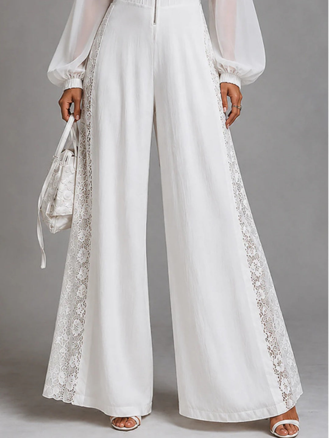 Bianca White Sheer-Sleeve Wide-Leg Jumpsuit