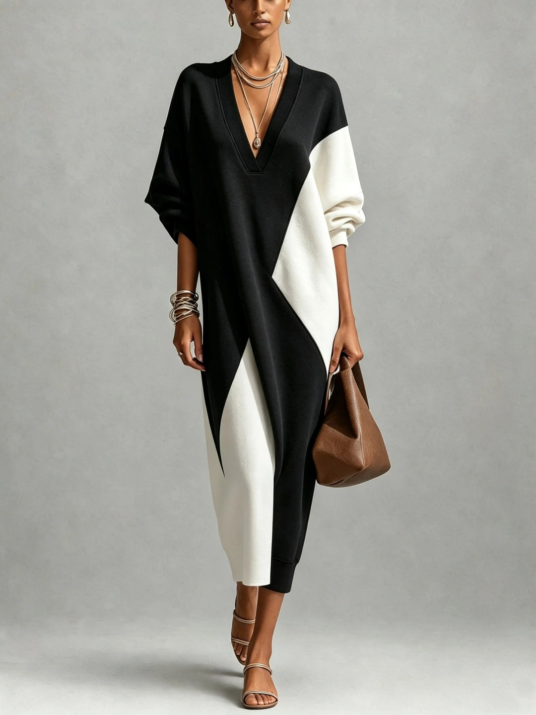 Vespera Asymmetric Contrast-Panel Caftan Maxi Dress
