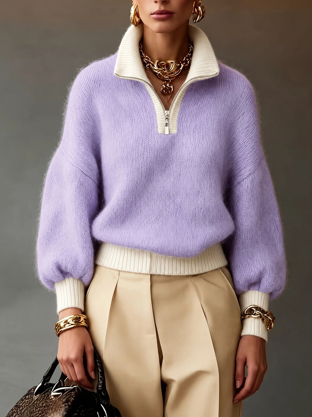 Bianca Half-Zip Balloon-Sleeve Sweater - Yellow