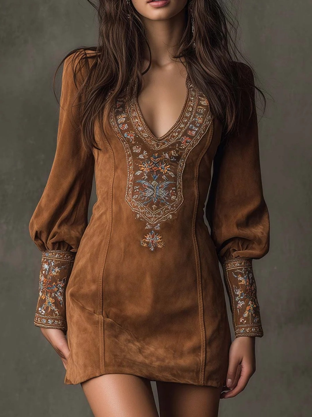 Terra Cocoa Embroidered Tunic Mini Dress
