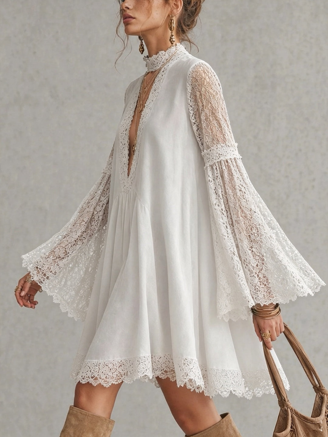 Elisabetta Plunge-Neck Bell-Sleeve Mini Dress