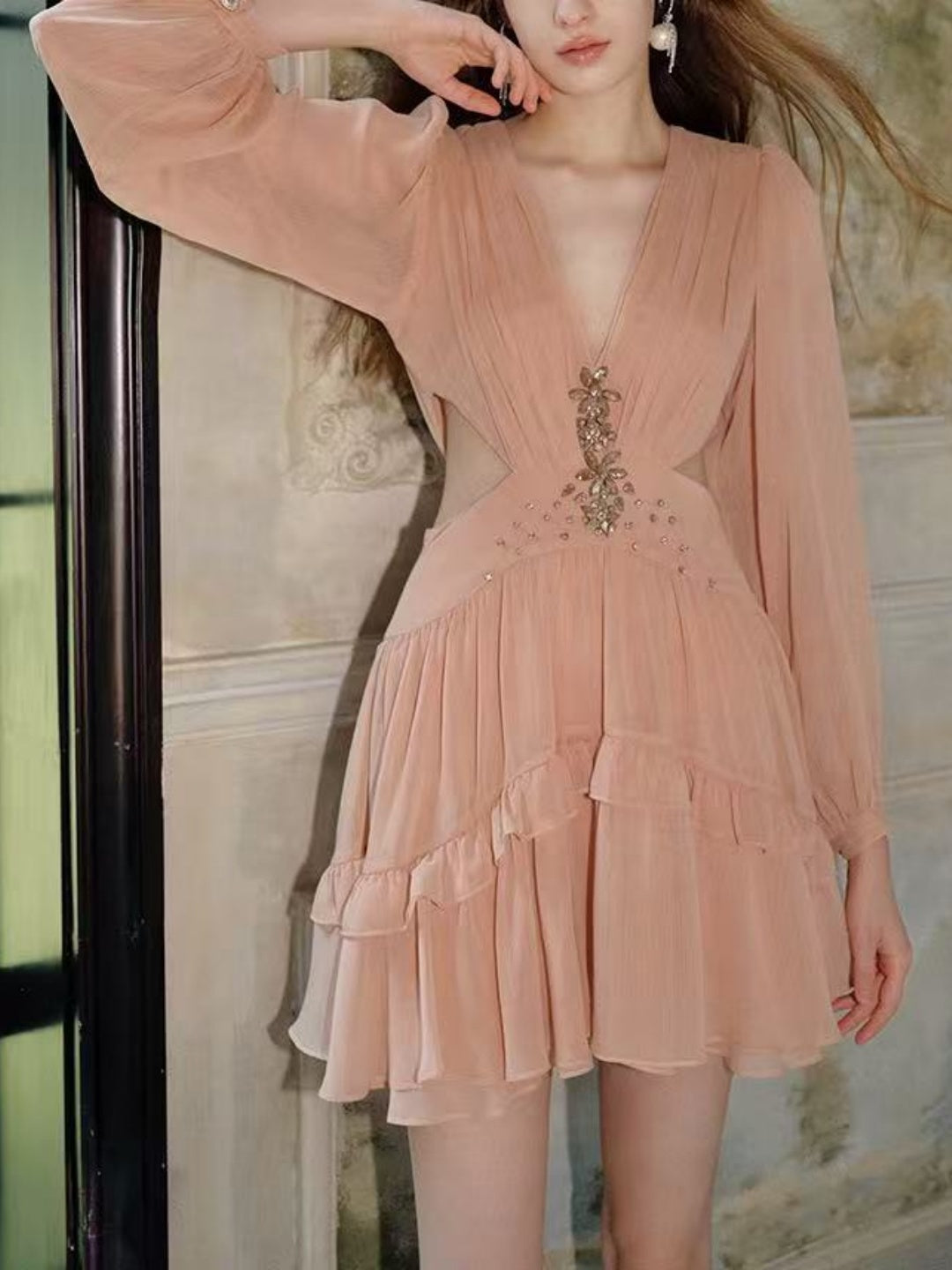 Estella Beaded-Waist Ruffle Mini Dress