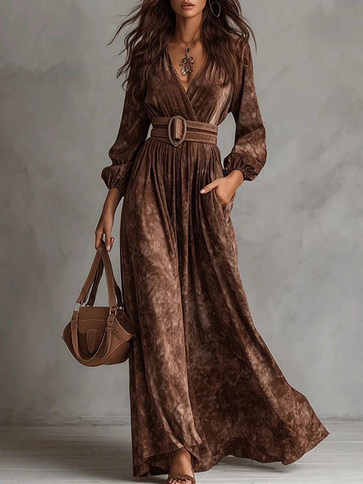 Valentina Cocoa Velvet-Look Belted Maxi Dress